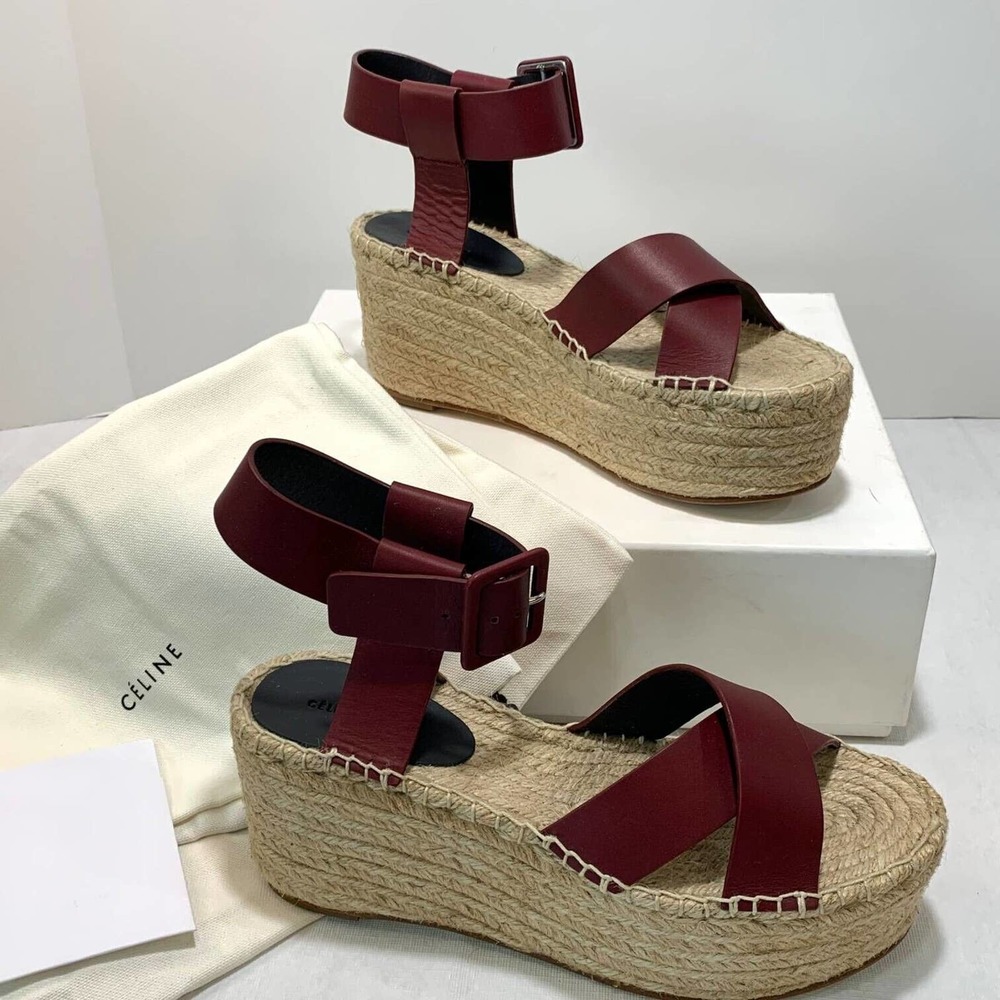 Celine Womens Espadrilles Sandals Burgundy Criss Cross Ankle Buckle Spain 8